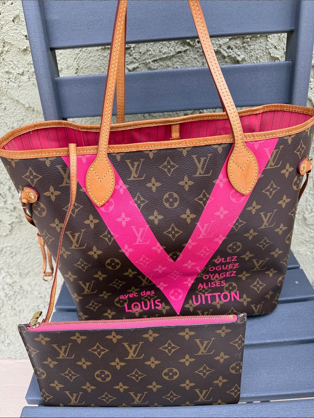 🔥 Authentic Louis Vuitton Limited Edition Pink V Neverfull MM with Pouch COA - Picture 15 of 17